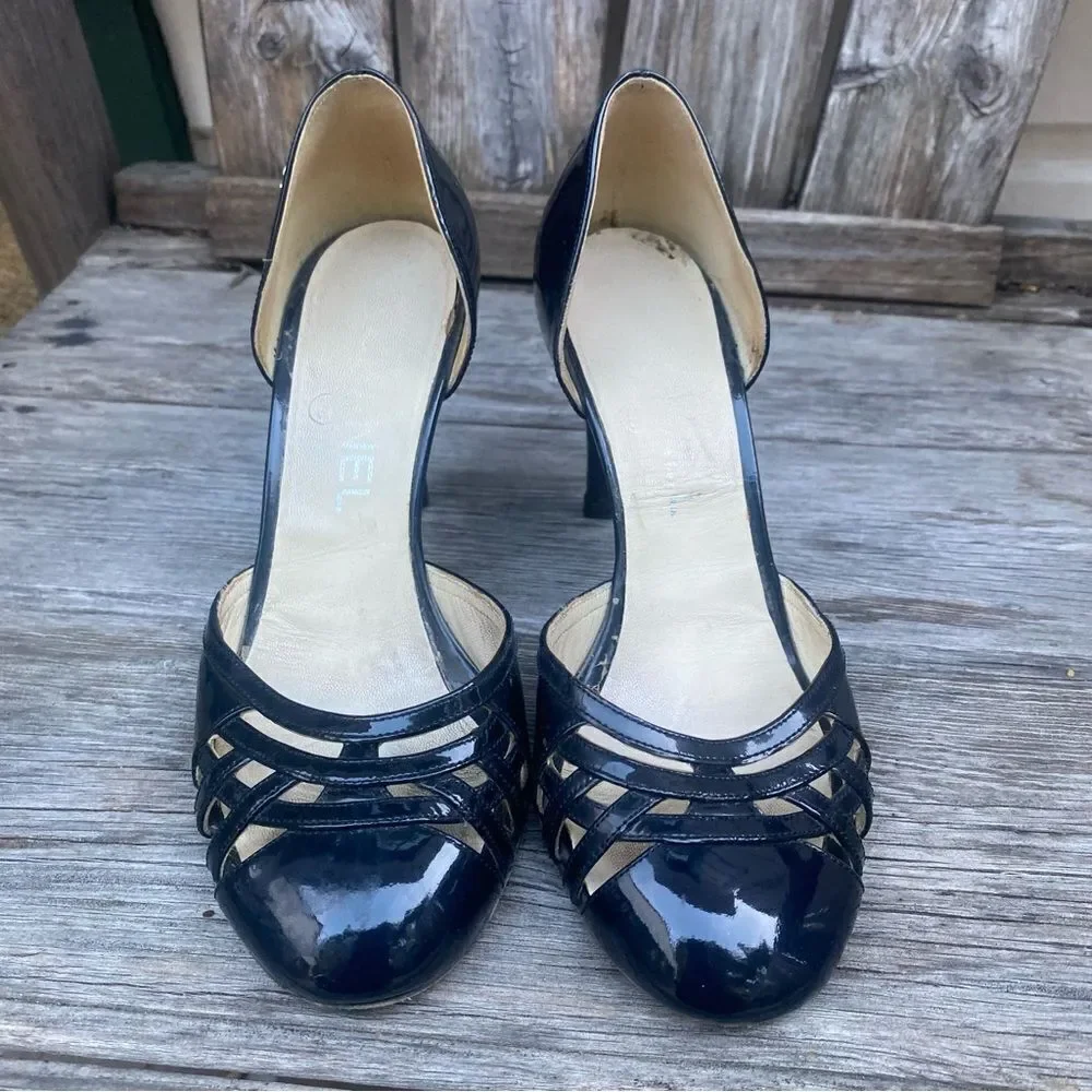 Chanel Chaus Ouvertes Noir Black Patent Heels Size 36 in navy